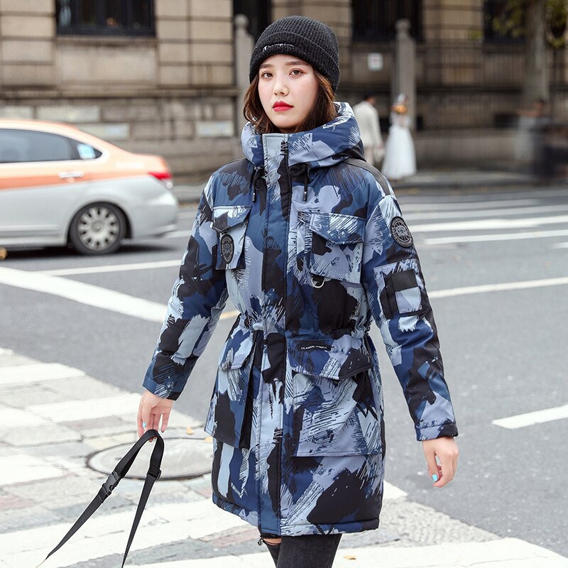 Tarnung aufbringen frauen Winter Jacke Mit Kapuze Dünne Lange Parkas Weibliche Stehkragen Plus Größe Baumwolle gepolstert Dicken lässig Mäntel: Blau / XL