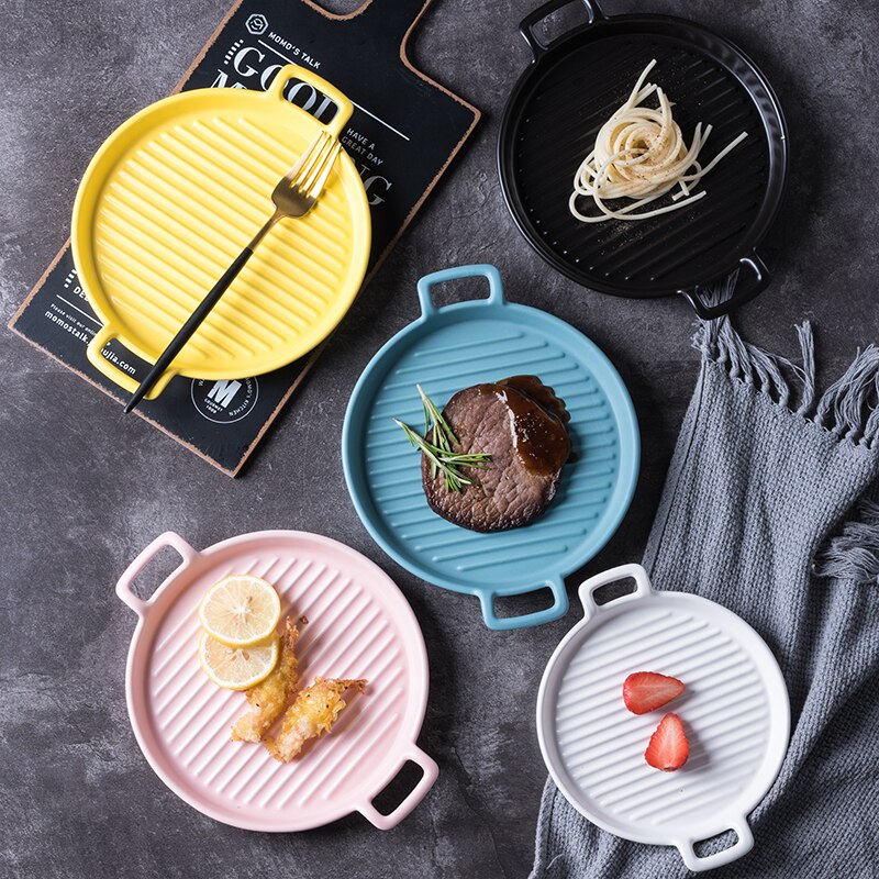 Ceramic Round Binaural Western Food Steak Pizza Chicken Wings Baking Dish Cheese Baked Rice Microwave Oven Special Dinner Plate