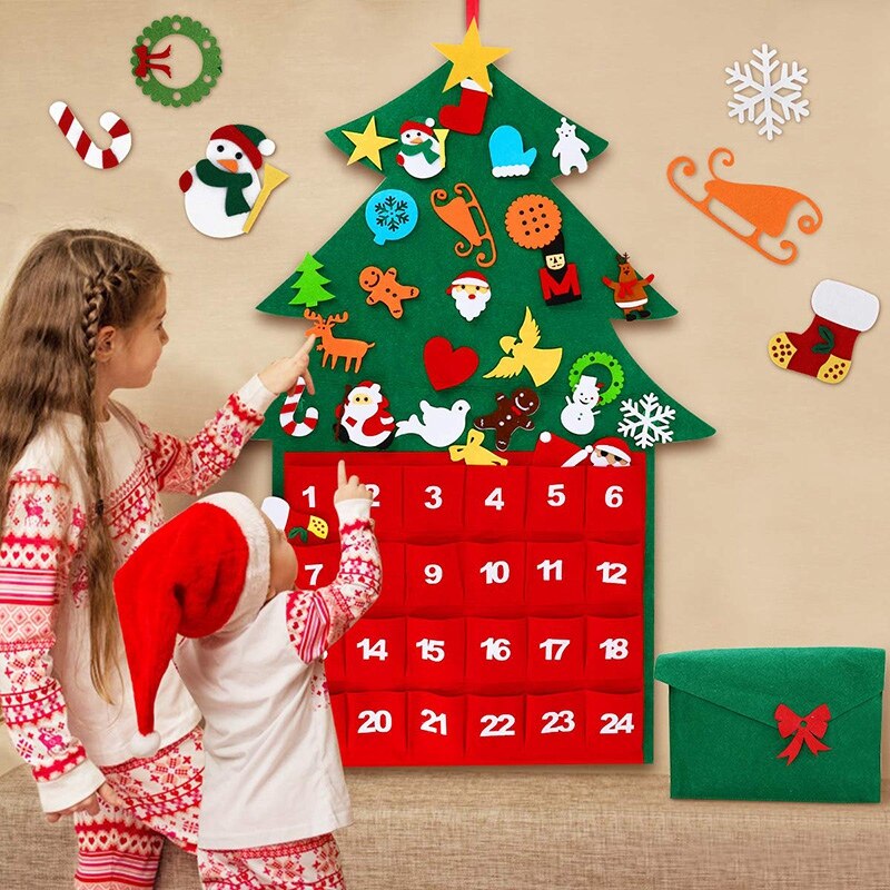 Filt juletræ, diy juletræ 28 pacs væghængende juletræ med kalenderlomme hjem dør vægdekoration til ki: Default Title