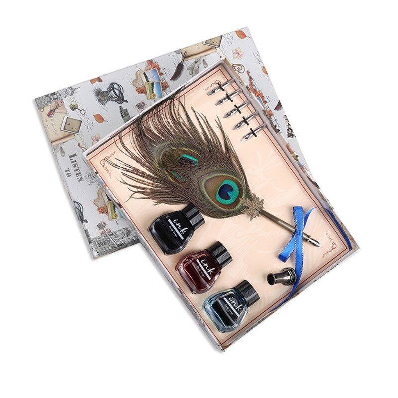 Calligraphy Set Antique Brass Holder 3 Ink Bottle for Beginner Students or Commerce Site 40JB