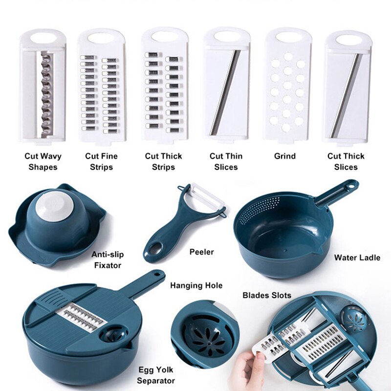 Cortador de verduras para el hogar, herramientas de cocina, rallador de patatas, rebanador de cocina, rallador giratorio de rábano, 12 piezas
