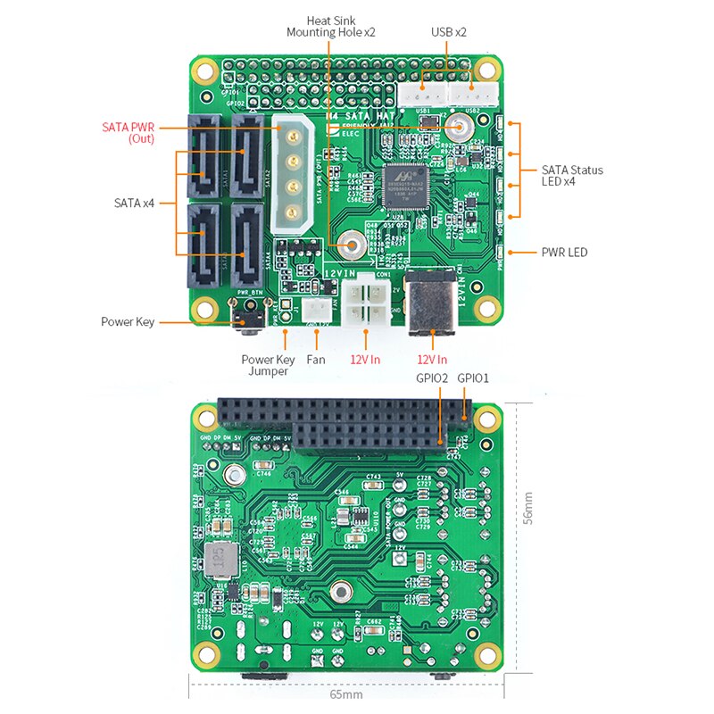 RealQvol FriendlyELEC ELEC NanoPi M4 4x SATA HAT Support 6Gbps/3Gbps/1.5Gbps Integrated power connector