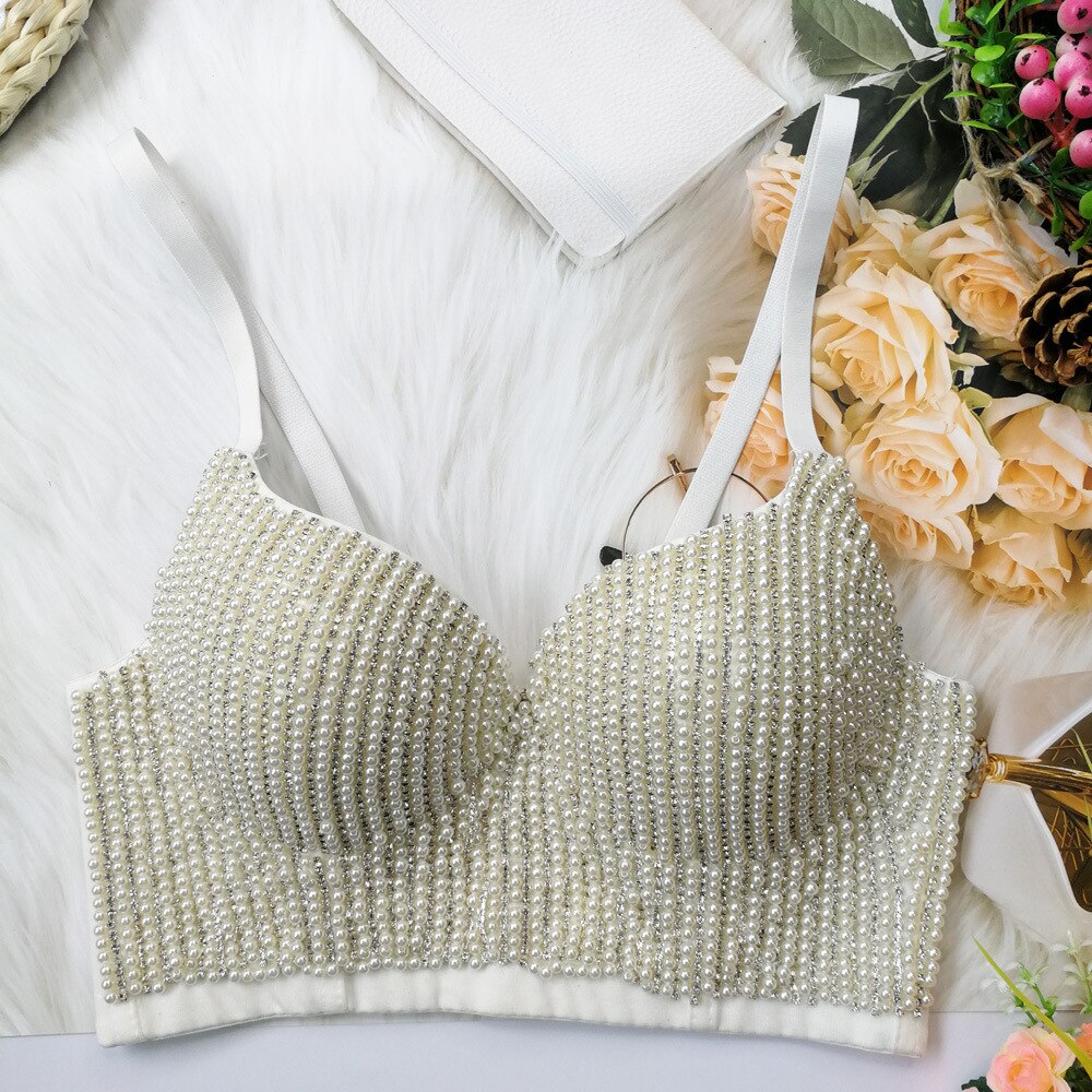 Corsé de copa baja con cuentas para mujer, corta con sujetador camisola, Top corto con Push-Up, Sexy, de verano, YH8208, 2022: Blanco / 34B