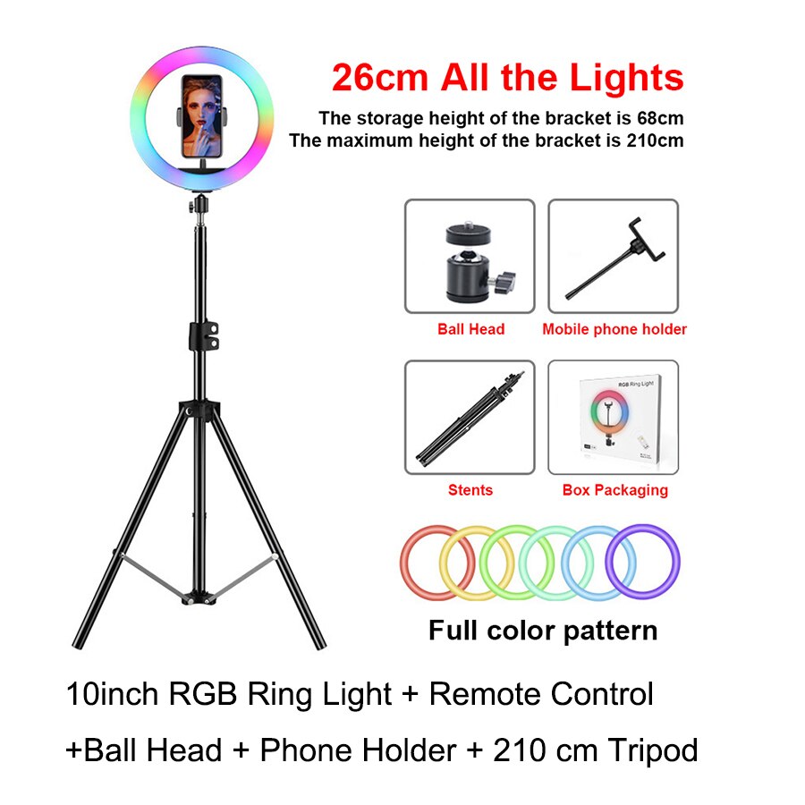 10 inch RGB Circle Fill Light Selfie Ring Light Colorful Lamp with Tripod Stand Dimmable Neon Sign For Youtuber Tik Tok Live: C Set