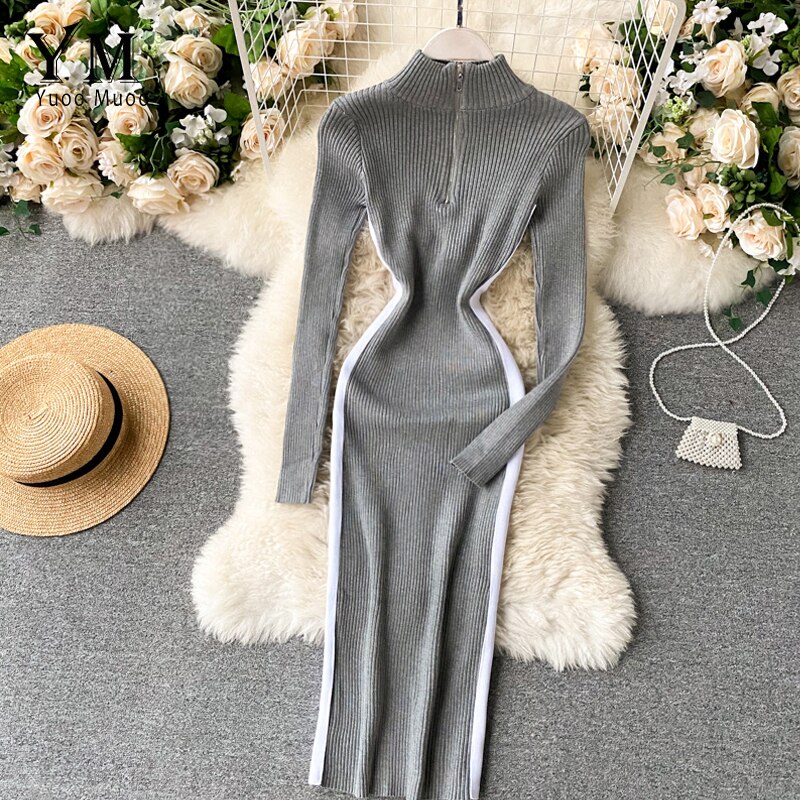 YuooMuoo Autumn Winter Women Sweater Dress Zipper Collar Long Sleeve Casual Knitted Bodycon Dress Slim Stretchy Ladies Dresses