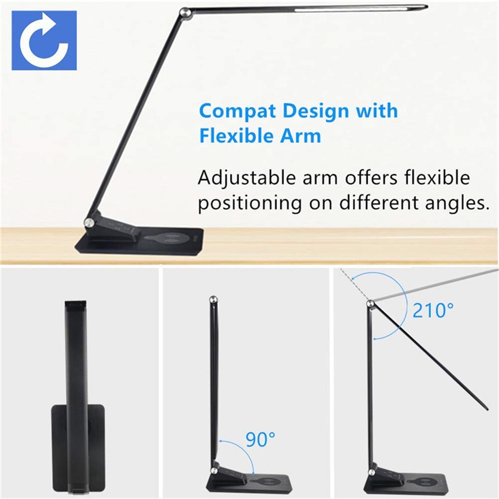 Schreibtisch Lampe mit Drahtlose Ladegerät, USB-Lade, 5 Helligkeit 3 Farbe, Einstellbar Tisch Lampe für Büro, schlafzimmer oder Wohnheim, Schwarz, 7W