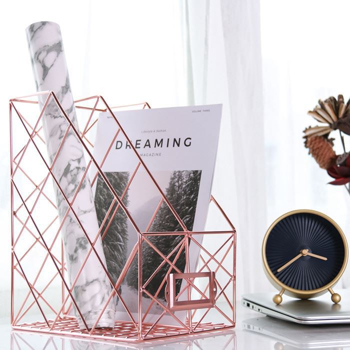 Simple rose gold desktop file rack magazine file book storage arrangement rack data management rack: Pink