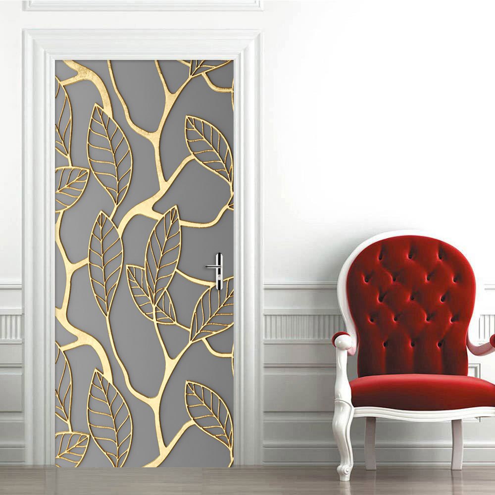 Metallic Textuur Gouden Bladeren Pvc Deur Stickers Diy Vernieuwen Muursticker Vestibule Woonkamer Decor Home Decoratie Accessoires