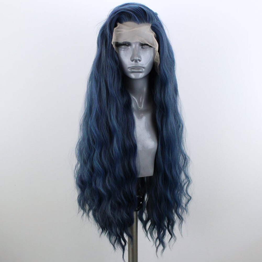 Deep Wave Synthetic Lace Front Wigs for Women Dark Blue Lace Wig High Temperature Fiber Long Wigs Side Part Cosplay Wig Used