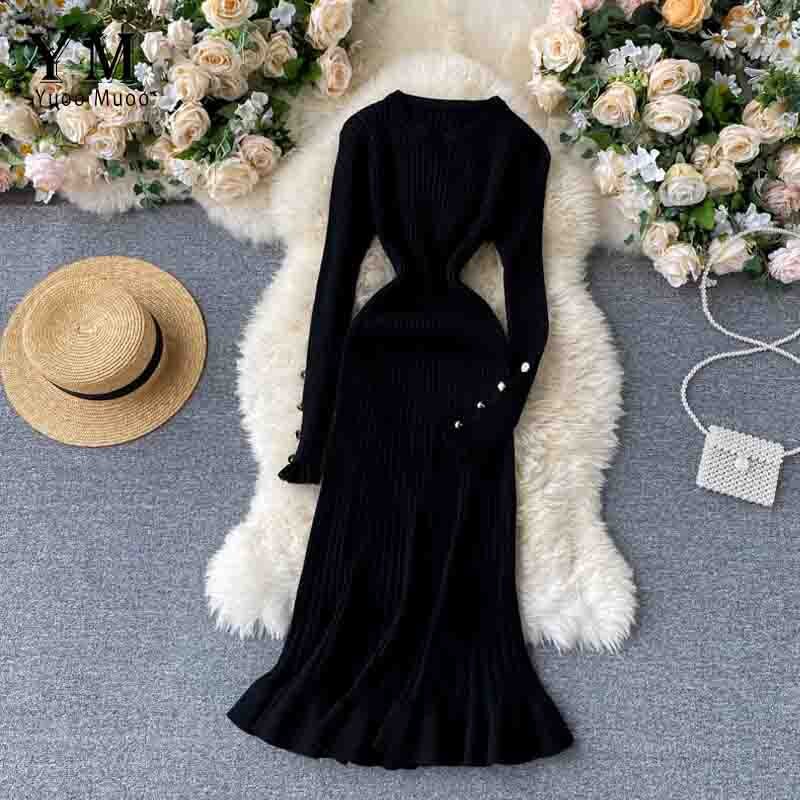 Yuoomuoo Vrouwen Gebreide Lange Jurk Herfst Winter Slanke Lange Mouwen Omzoomd Dames Jurken Elegante Partij Vrouwelijke Rode Trui Jurk: Black