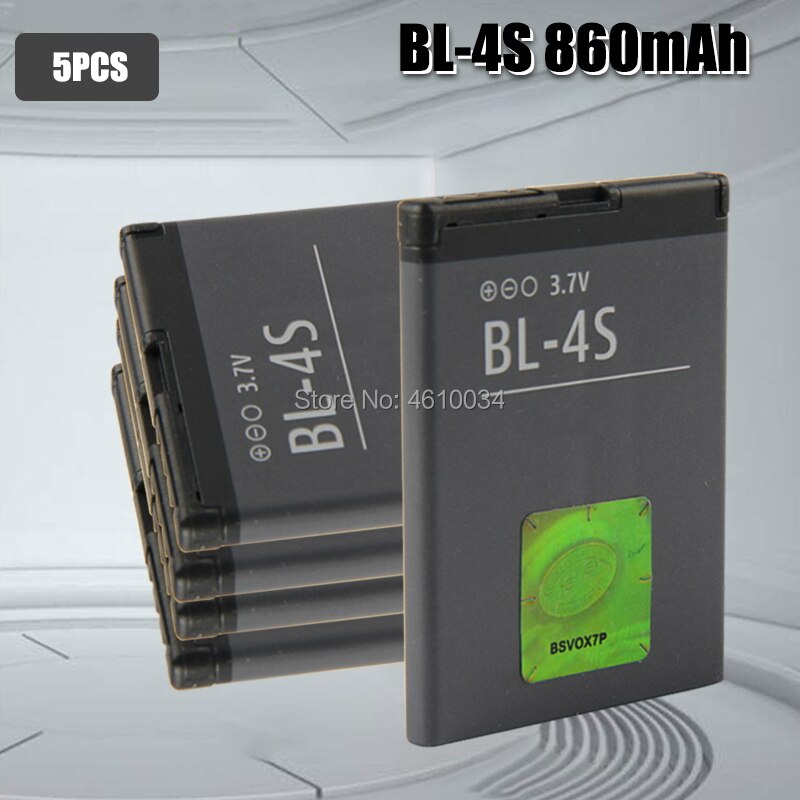 Batería de 4S BL BL-4S de , 860mAh, para Nokia 1006, 2680s, 3600s, 3602S, 6202C, 6208c, 7020, 7100s, 7610, X3-02, 3710f, BL4S: 5pcs