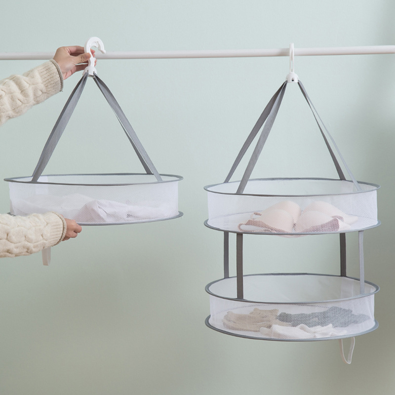 Diameter 48cm Laundry Basket Mesh Folding Nets Double Layer Windproof Clothes Dryer Drying Rack For Sweaters Hanging