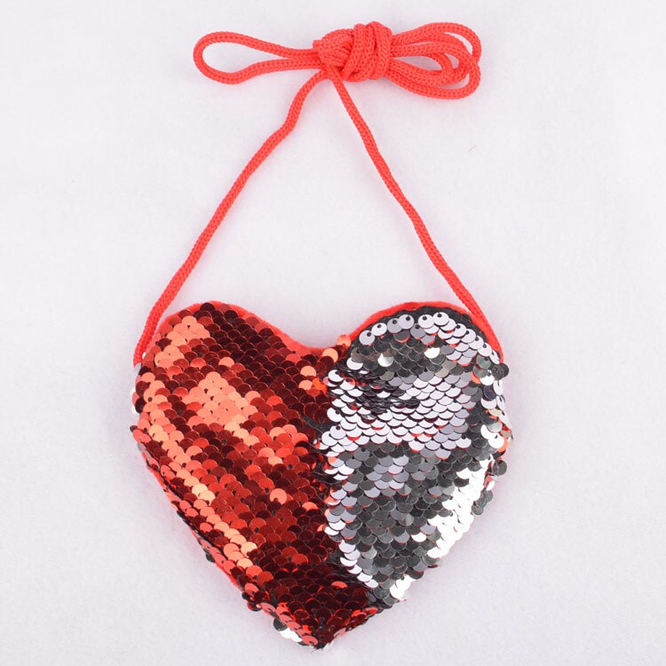 Style Heart Coin Purses PU Leather Purses Sequins Small Fresh Casual Pu Coin Wallet Girl Bag: Red-Silver