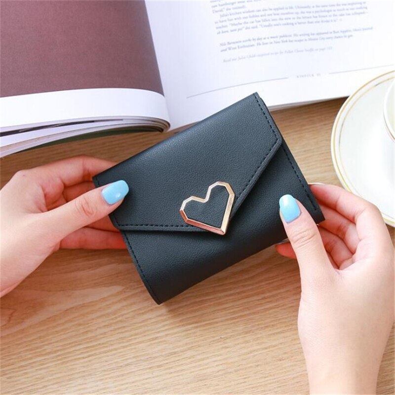 Women Wallets Small Purse Credit Card Holder Girl Pochette Leather Purses Clutch Bag Korean Mini Short Wallet Carteira Feminina: Black