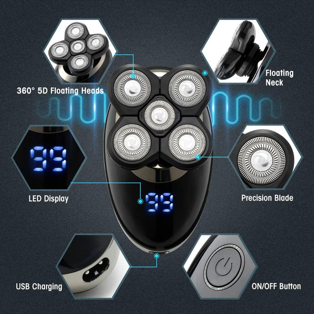 Rasoir électrique pour hommes, rasoir pour tête chauve, LED affichage, tondeuse du nez, tondeuse à barbe poils, brosse de nettoyage du visage, Rechargeable via USB