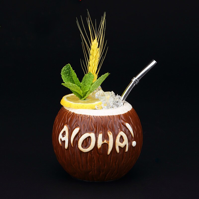 Hawaii Style 3D Coco Hollywood Bar TIKI Mug Handmade Ceramic Coconut Shell Cocktail Glass Cold-drink Shop Ice Cream Smoothie Cup