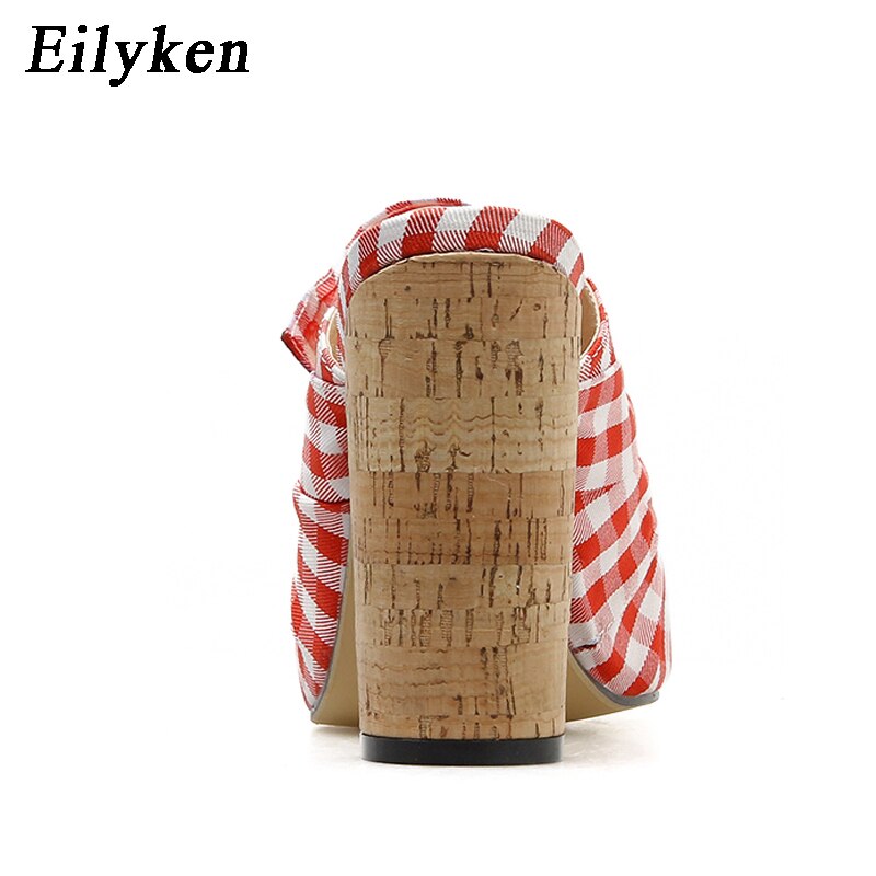 Eilyken kvinner høyhælte tøfler sandaler firkantet hæl sløyfe rutete dame tøfler klassiske sko fottøy str 35-40