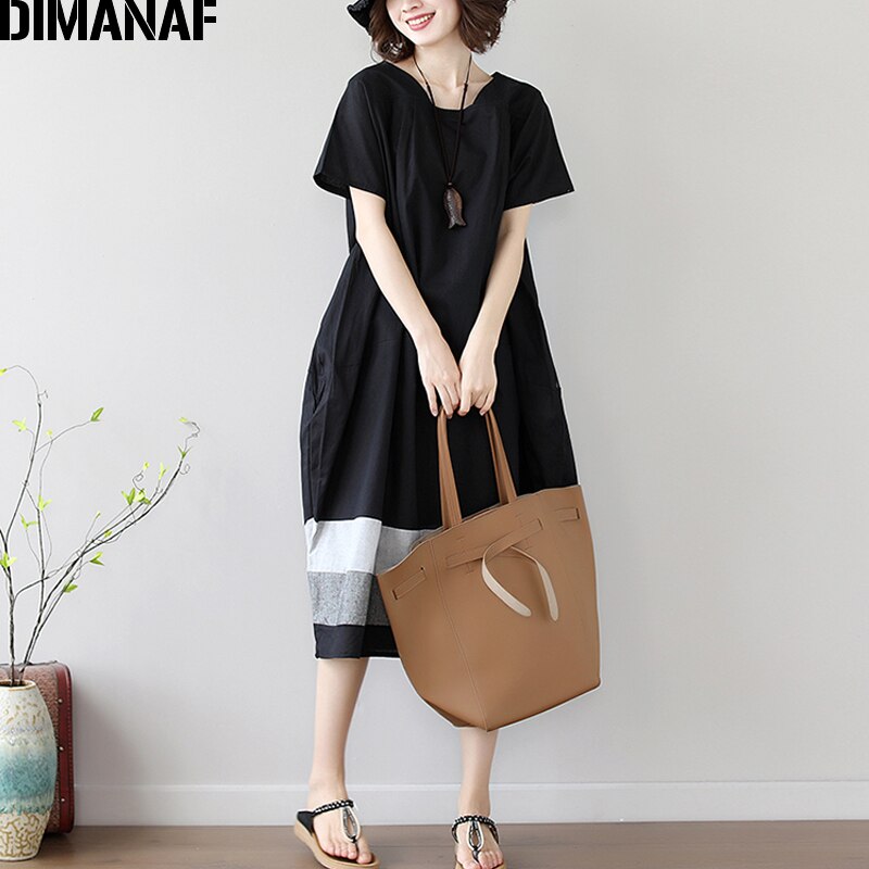 Dimanaf vestido plus size roupas femininas verão vestido de verão do vintage elegante feminino vestidos elegante senhora vestido solto linho preto