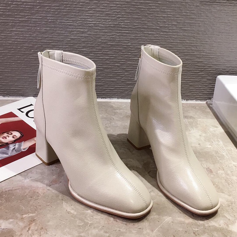 Luxe Vrouwen Beige 7Cm Blok Hoge Hakken Enkellaarsjes Winter Vrouwelijke Vierkante Neus Chelsea Laarzen korte Laarzen