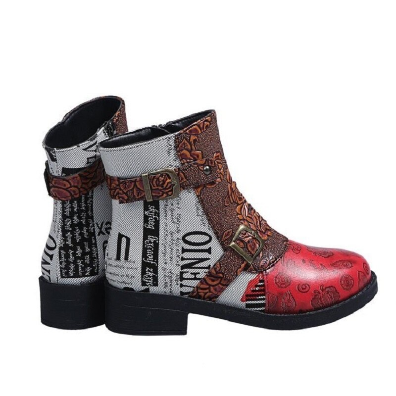 Bottines à imprimé ethnique pour femmes, chaussures Punk Martin à talons bas avec fermeture éclair, plate-forme avec boucle et sangle, collection automne et hiver