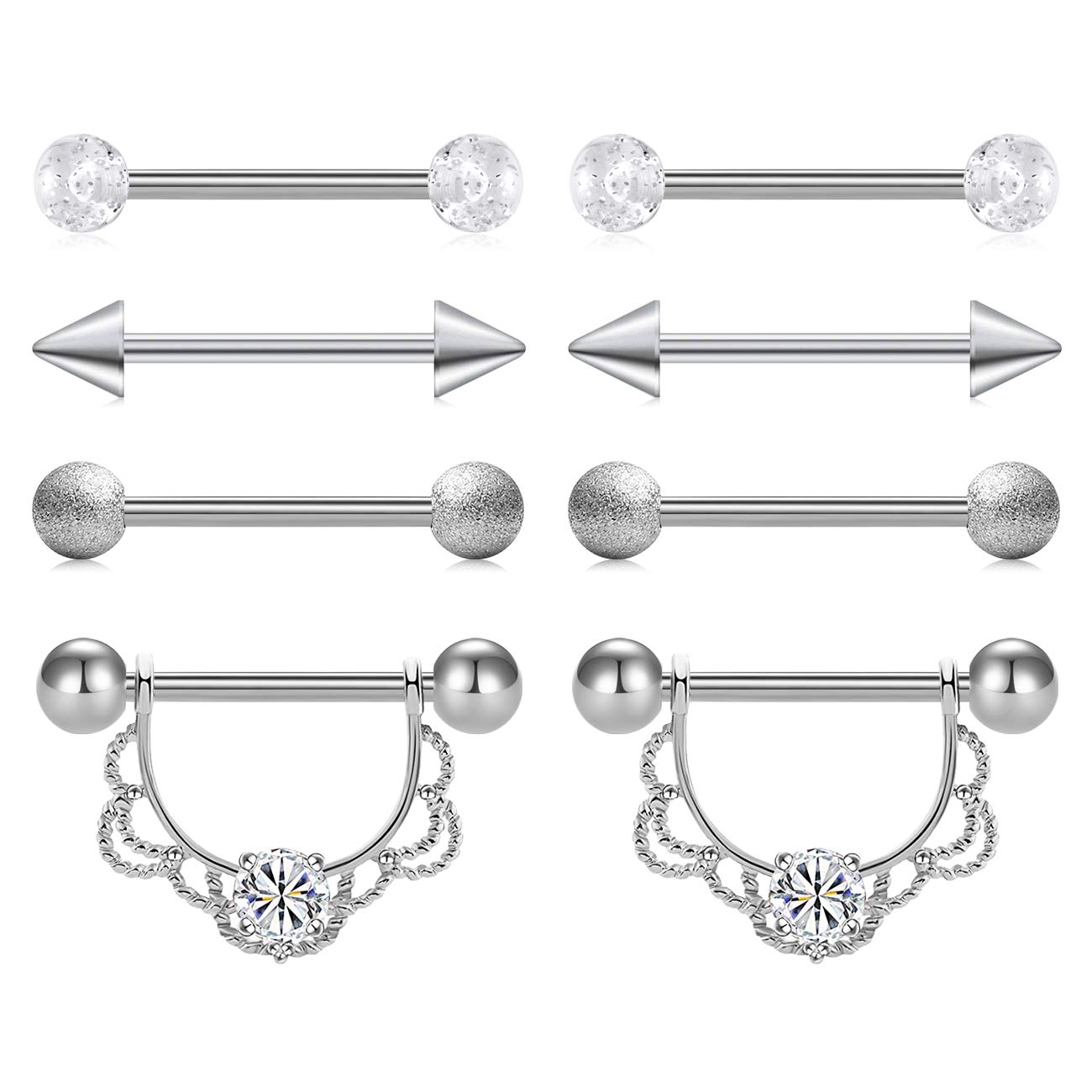 JFORYOU, 8 unidades, 14G, 316L, anillos de acero inoxidable para pezón, Piercing para pezón, barra de bola, CZ, Piercing corporal para mujer, 4 estilos