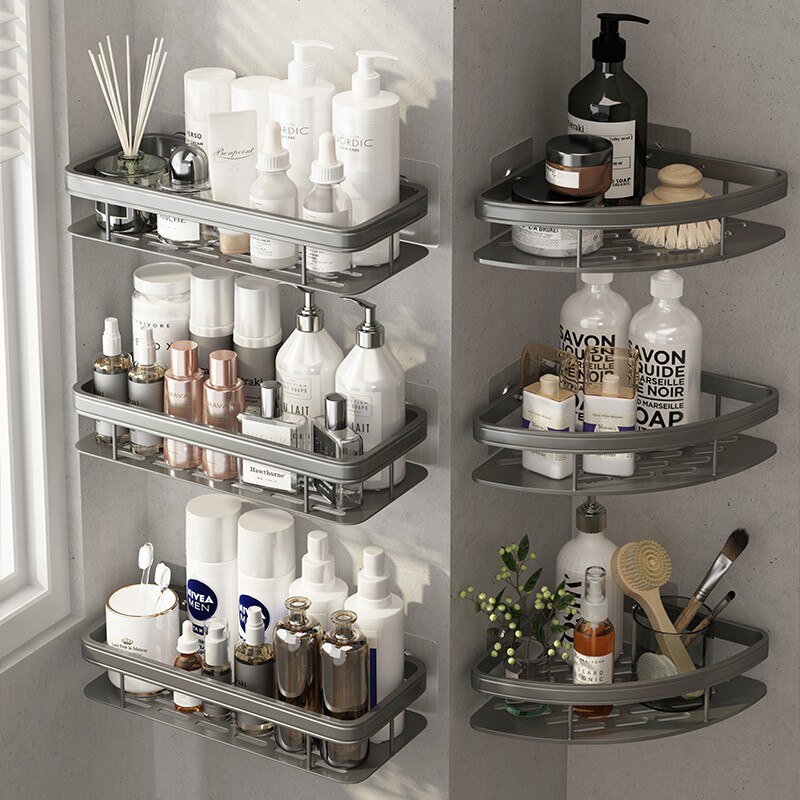 Gray Stainless steel Bathroom Shelves No-Drill Corner Cabinet Shower Storage Toilet Organizer Bathroom Holder Полка Для Ванной