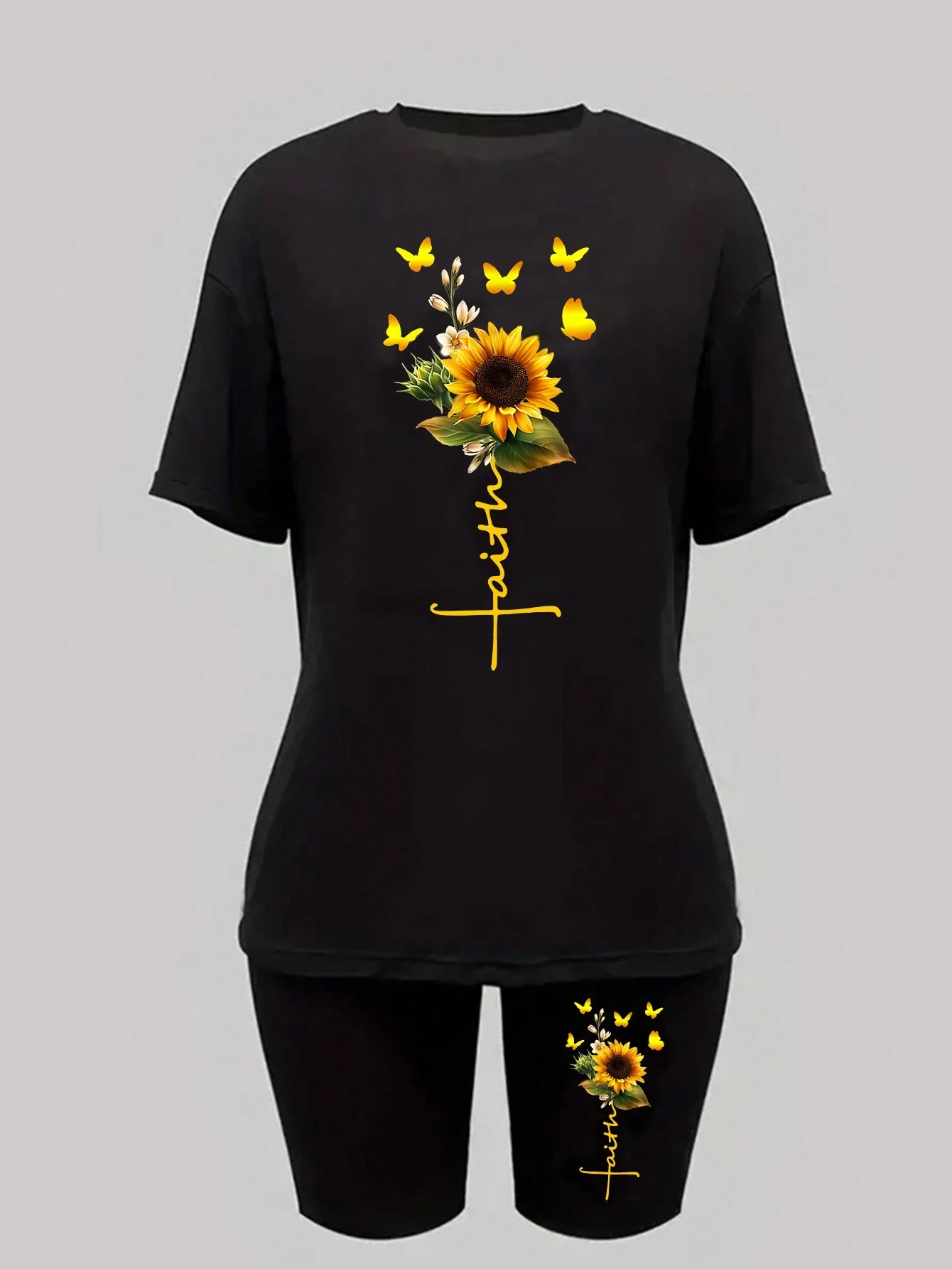 Sonnenblumen Schmetterling SchöNe Druck Frauen T Hemden Zwei Stück einstellen Kurze setzt Atmungsaktivem Hemd kurze Hose Neue