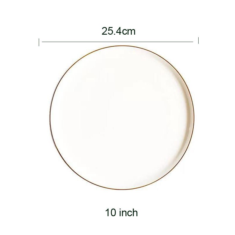 Nordic round ceramic plate, pizza plate with solid metal dessert frame, enamel Western porcelain, cake tray, dessert: white