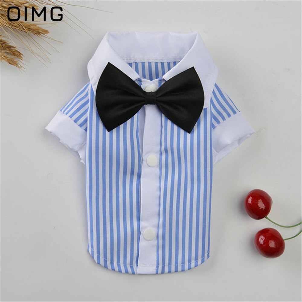 Oimg Zomer Puppy Kleding Pommeren Chihuahua Teddy Koppels Blauw Huisdier Kledingstuk Gentleman Jongen Hond Shirts Fancy Strepen Hond Jurken