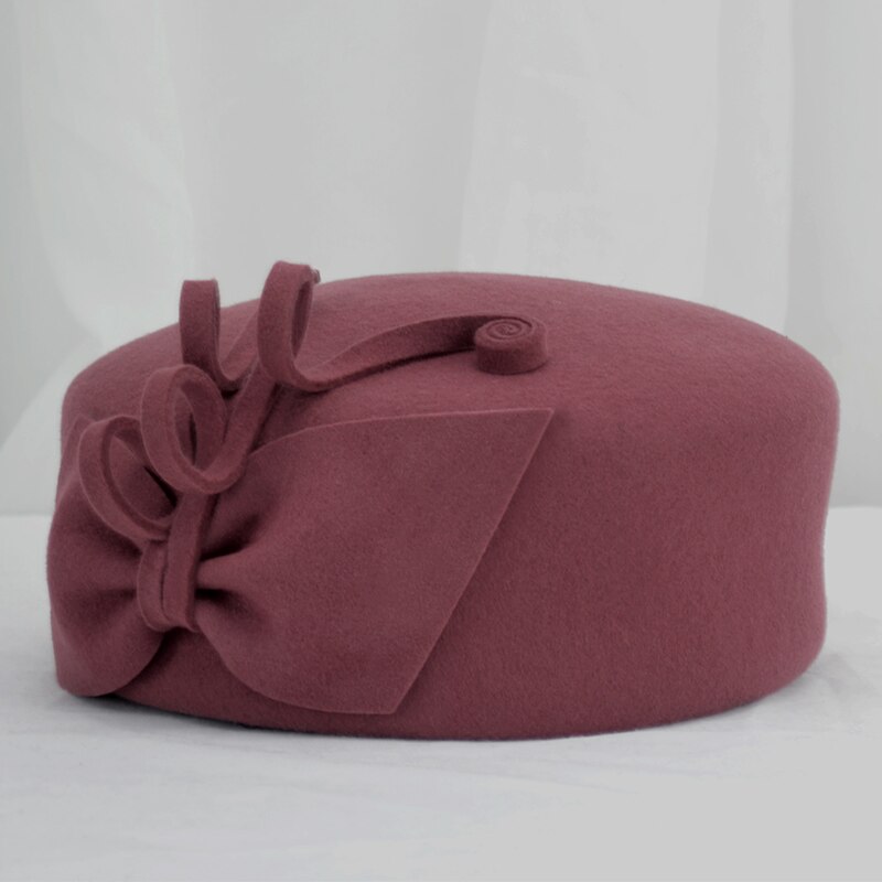 100% Wolvilt Baretten Vrouwen Party Bloem Formele Fedora Hoed Banket Grace Wollen Bunker Cap Mooie Tovenaar: purple pink