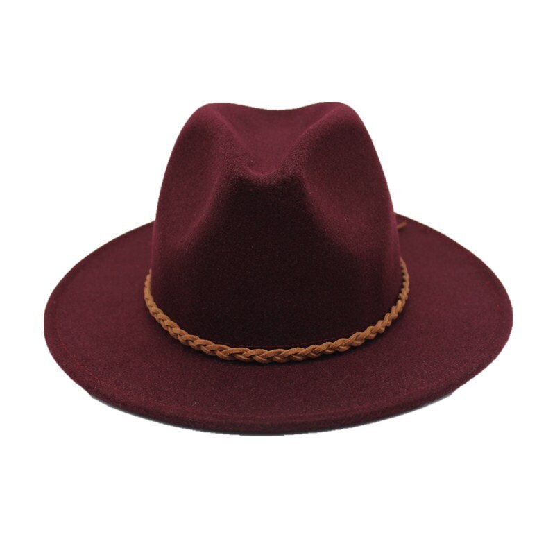 Seioum Wide Flat Brim wool felt Fedoras hats with Ribbon Band jazz trilby formal top hat panama cap Floppy Hat for men women: Wine red