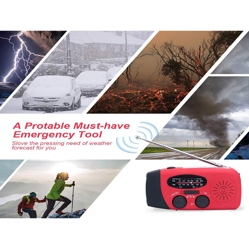 Radio solar portátil Radio FM de emergencia con Banco de energía de 1000mAh manivela autoalimentada AM/FM/NOAA radios con 3 linterna LED