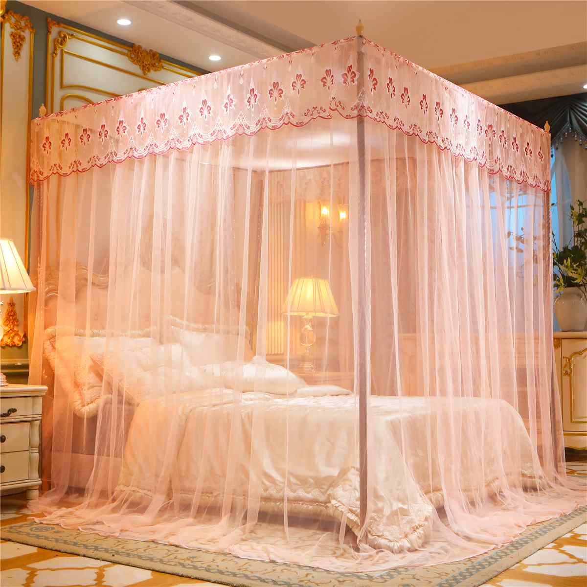 Four Corner Mosquito Netting Canopy Mosquito Net For Double Bed Mosquito Repellent Tent Insect Reject Canopy Bed Curtain: Beige