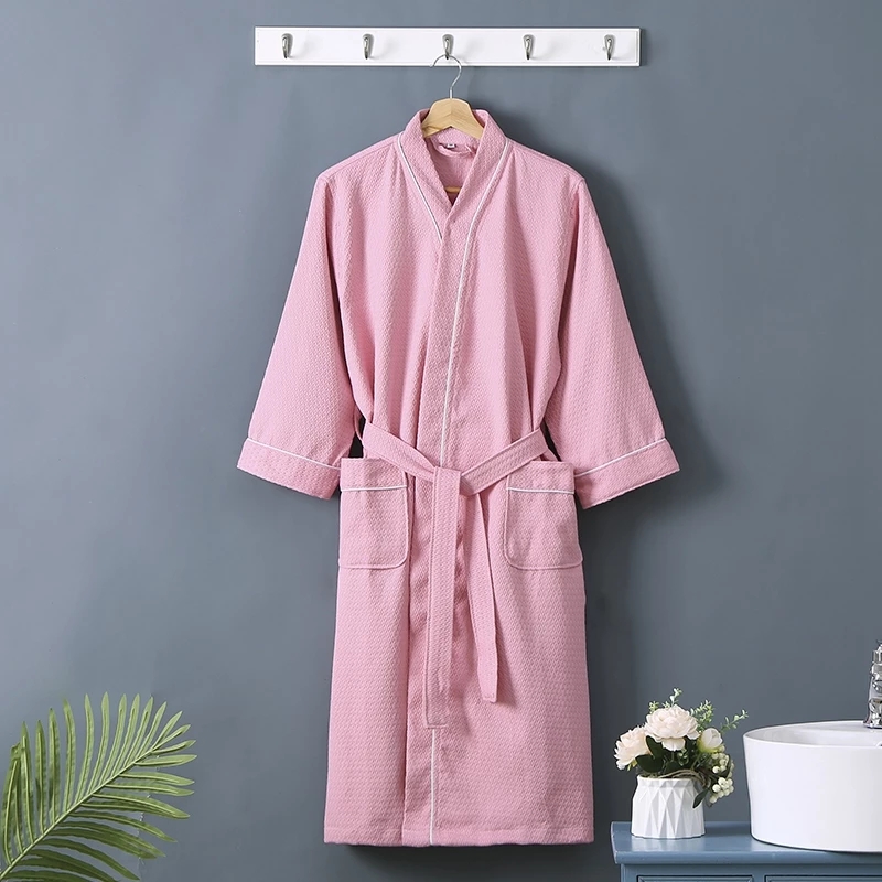 Thin Waffle Bathrobe 100% Cotton Robe Lovers Hotel Robe Men&#39;s Robe Bathrobe Soft Sleeprobe Male Casual Bridesmaid Homewear: Pink / XL(175-190cm)