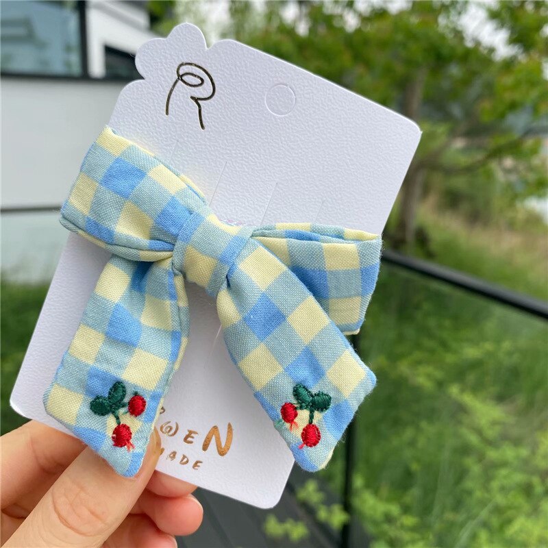 Poco cereza bordado Hairhpin para niñas Plaid impresión Pasador para pelo de lazo para los niños del bebé del pelo de Clip para el cabello accesorios herramientas