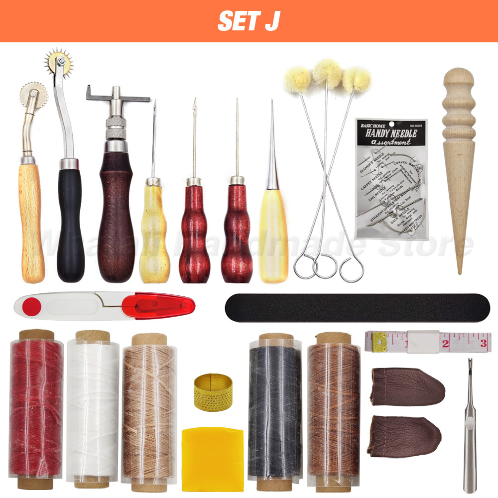 Leathercraft Tool Set Kits Pine Wood Hand Stitching Clamp Leather Punching Carving Saddle Groover Tools Storage Leathercraft DIY: SET J