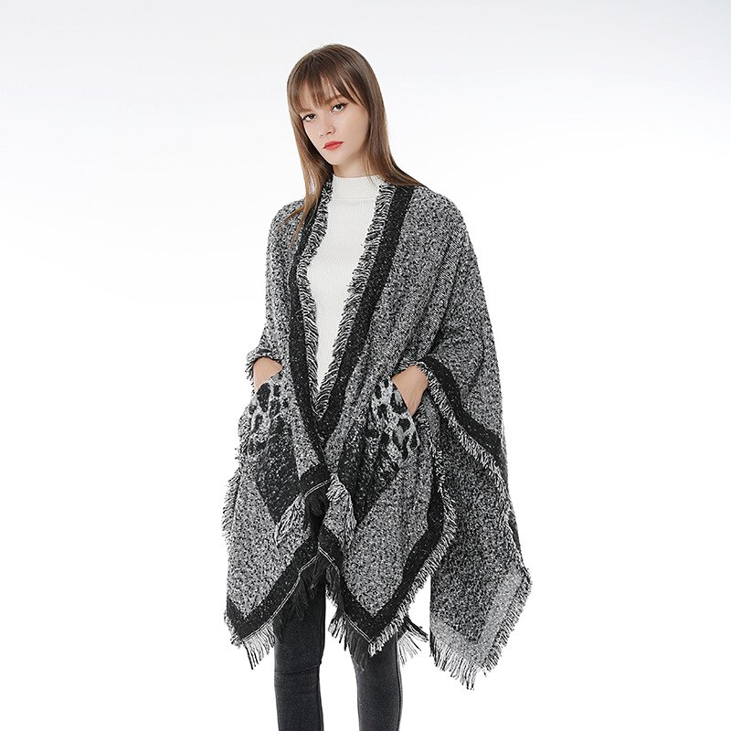 Vinter kvinder kashmir tørklæde med lomme pashmina sjal damer leopard print poncho wrap tæppe tørklæder kvast foulard: 2