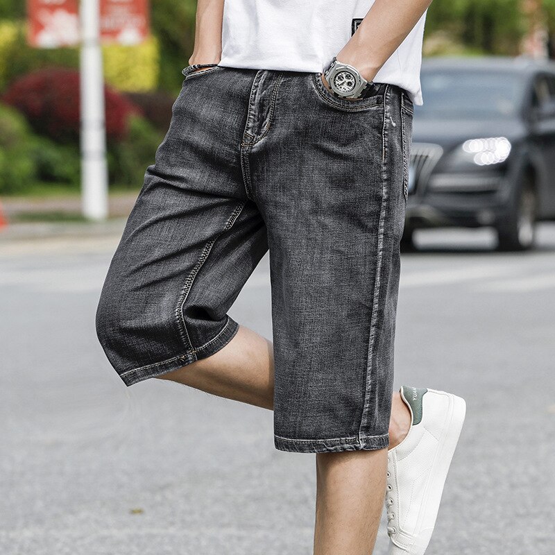 Pantalones cortos de tela vaquera para hombre, Bermudas Capri hasta la rodilla, color gris, talla grande, 38, 40, 42 y 44, para verano,