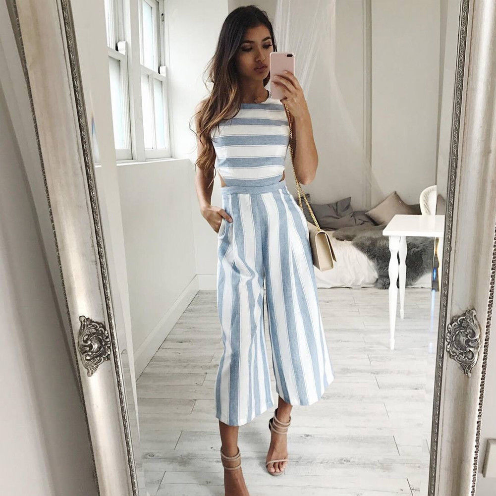 Mono de rayas verticales con tirantes para mujer, traje largo sin mangas con Espalda descubierta, trajes elegantes de dos colores: Azul / L
