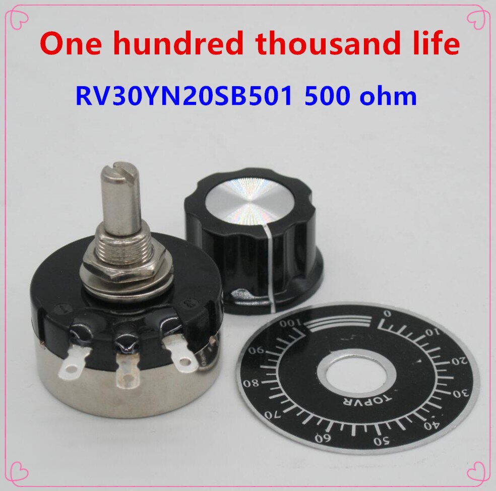 2 stks RV30YN20S B501 3 W, 500 ohm Verstelbare Weerstand van Enkele Ring Carbon Film Potentiometer + 2 stks A03 knop + 2 stks wijzerplaten