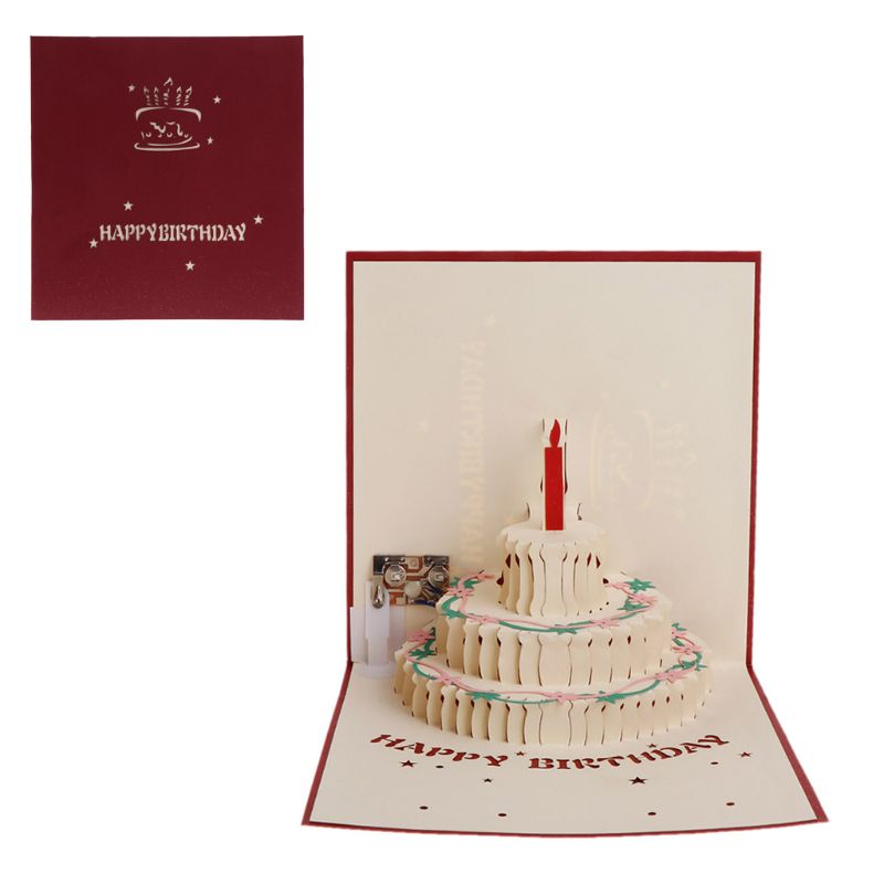 3d pop up cartão feliz aniversário bolo música led cartão com envelope novo: 4