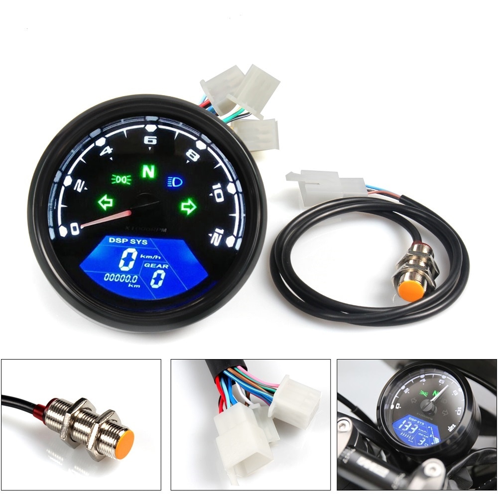 12000RPM kmh/mph Motorcycle Universal LCD Signal Speedometer Tachometer Odometer Gauge Gear indicator Cruiser Chopper Cafe Racer