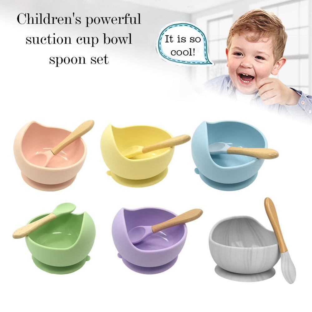 6 farver 1 sæt silikone baby fodring skål sæt baby læring retter sugeskål sæt træ ske skridsikker baby silikone bordservice
