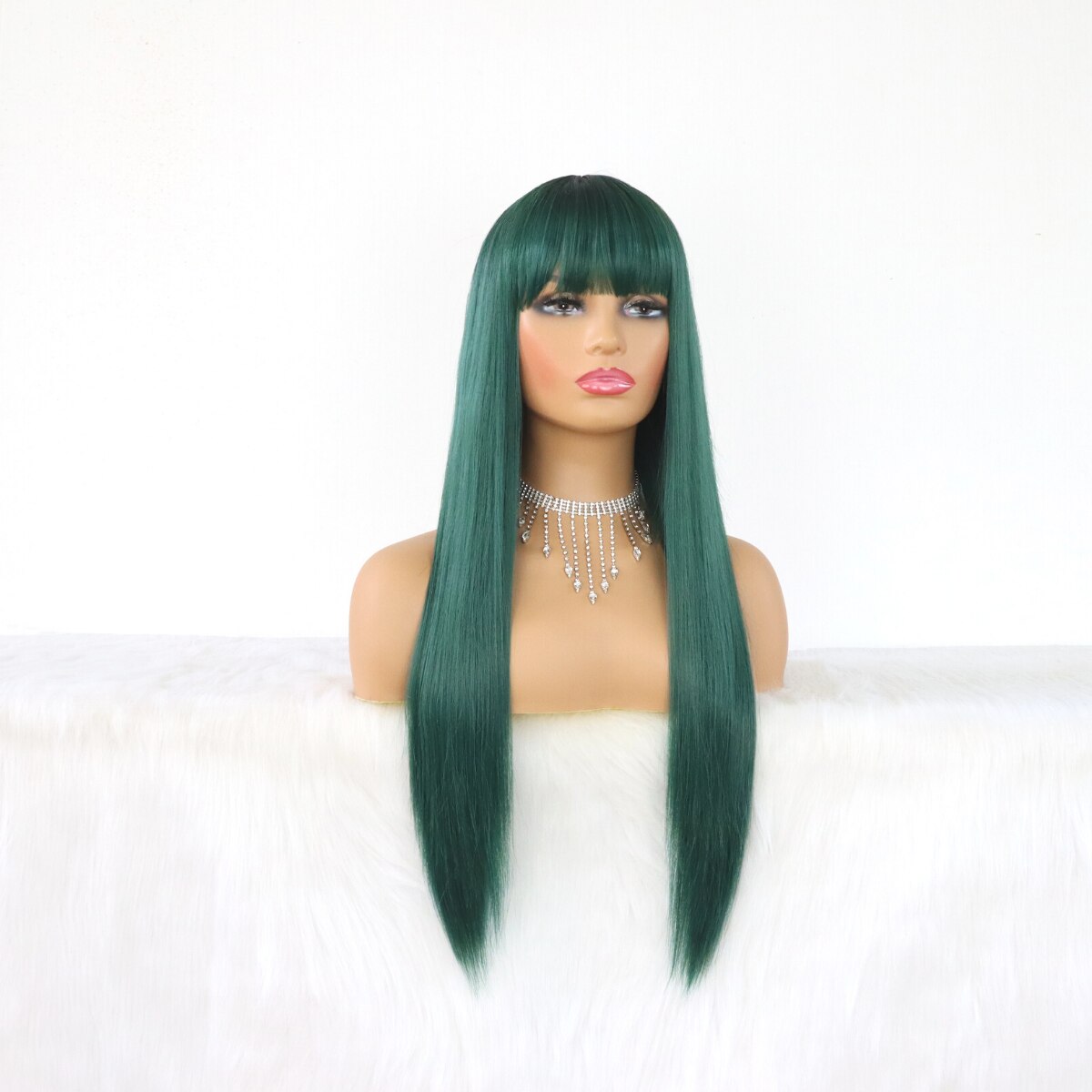 SALLYWELL Green Wigs With Bangs Straight Wig For Women Synthetic Fiber Hair Dark Rooted Ombre Green Long Glueless Full Machine