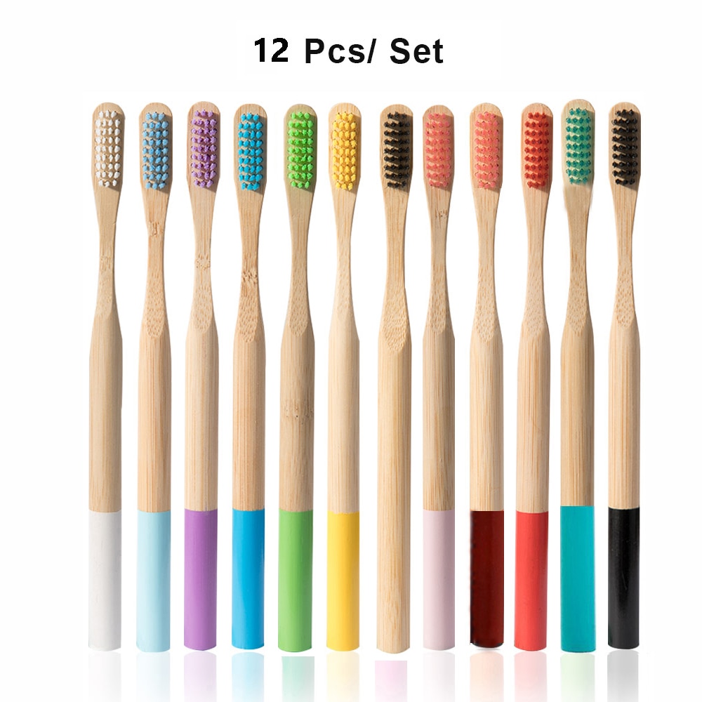 Miljövänligt trä regnbågtandborste bambu 12/13 st tandborste bambufiber träskaft tandborste blekning färgglad