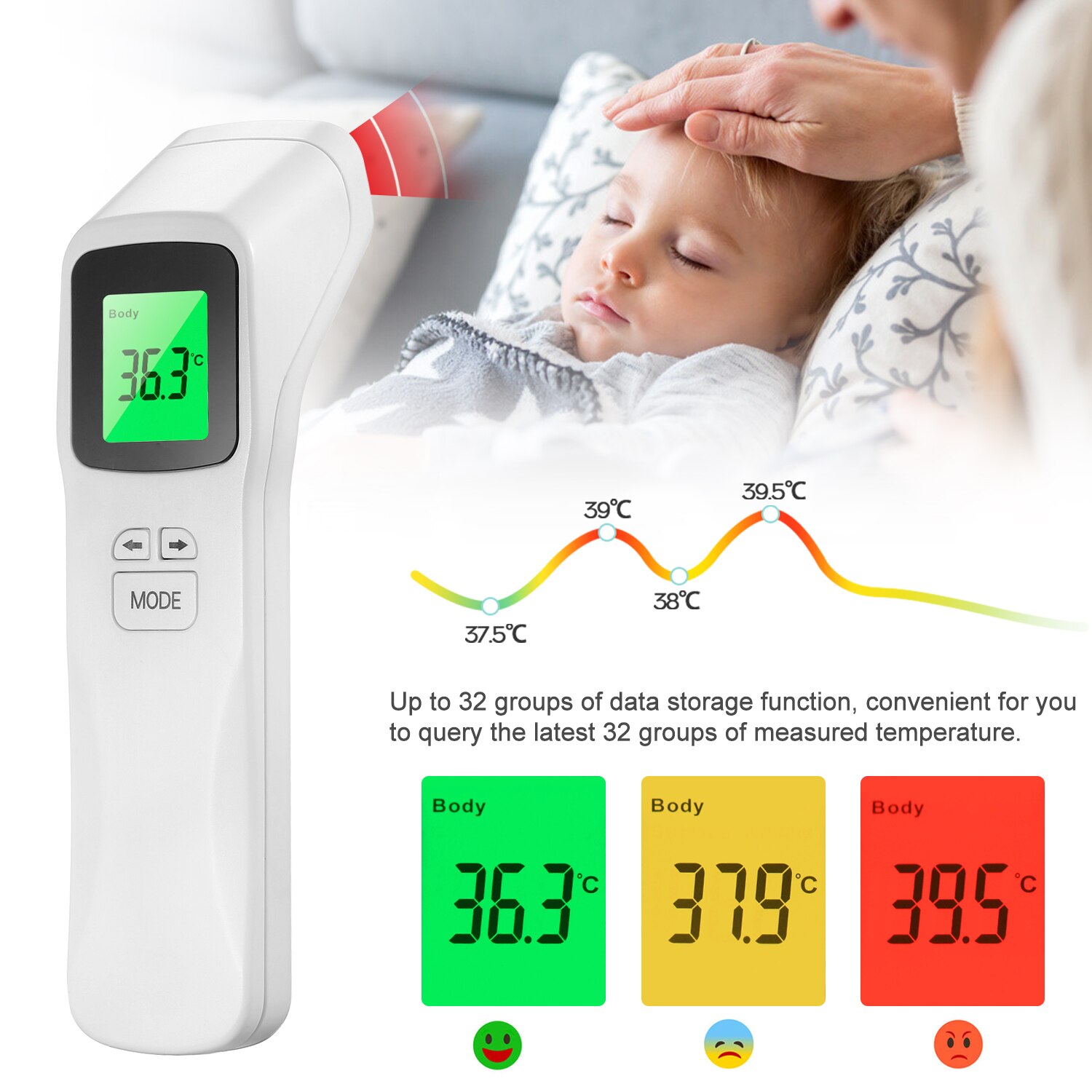 Thermometer Contactloze Nauwkeurige Digitale Koorts Infrarood Voorhoofd Body Led Screen Mutifuctional Voorhoofd Meting Apparaat
