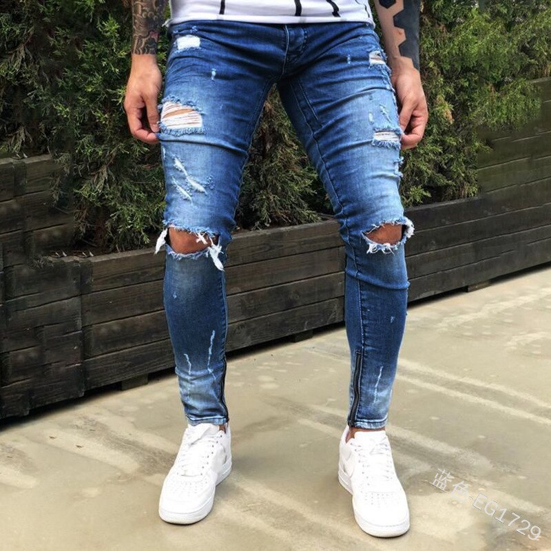 Wepbel lynlås stramme denimbukser plus størrelse huller jeans mænd capri-bukser benåbning midt talje pencil denimbukser: Blå / Xl