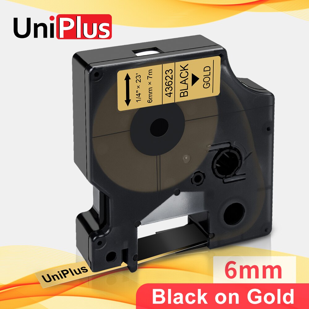 Uniplus compatibele dymo  d1 labeltape 43623 zwart op goud 6mm*7m voor dymo labelmaker machine labelpoint 150 100 300 250 printer