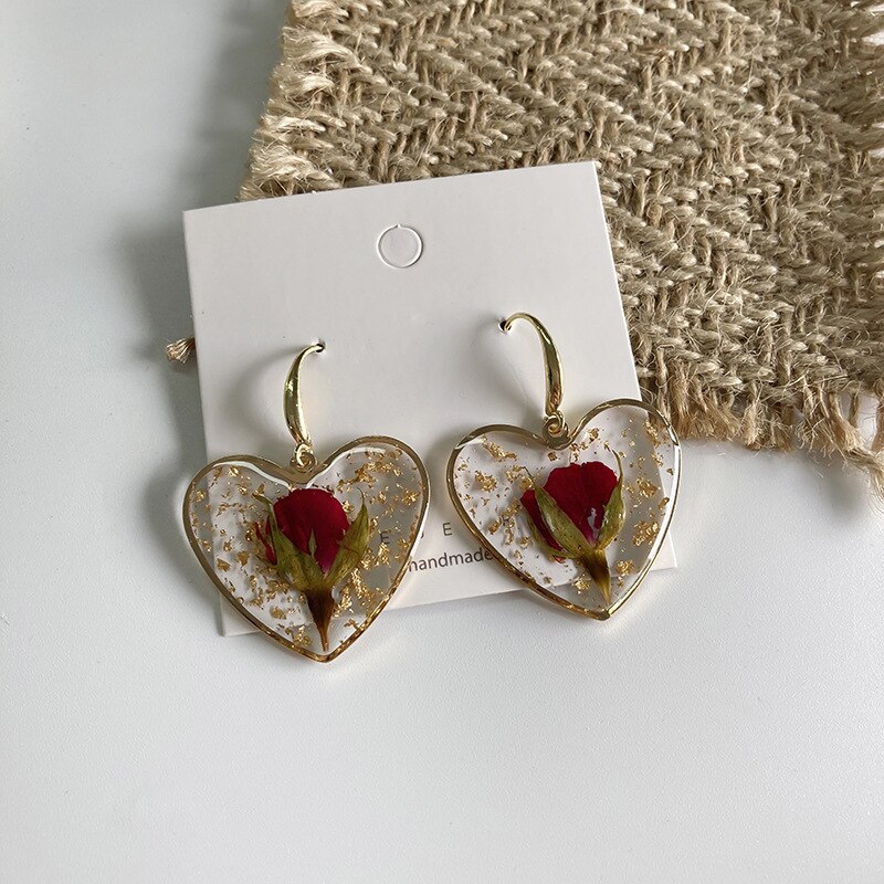 Graduation FORGET ME NOT Dried Flower Resin Earrings for Best Friend Jewelry Real Forgetmenot Flower Heart Earrings: ROSE