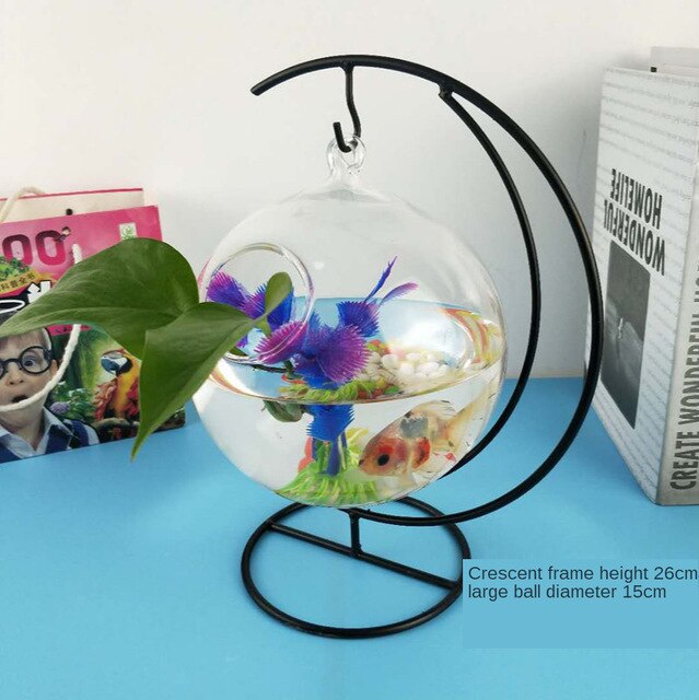 Desktop Hanging Mini Aquatic Plants Vase Fish Tank Glass Fish Tank Transparent Goldfish Tank Iron Support Aquarium: D3